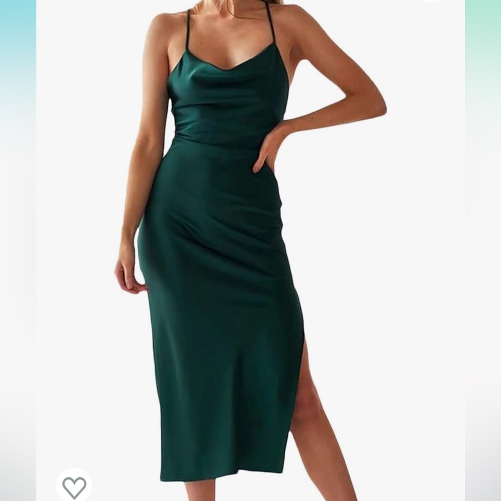 Teal-Green Satin Cowl Neck Midi Dress